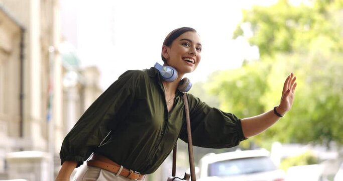 Happy, city and woman calling cab, taxi or public transport while exploring on adventure vacation. Travel, smile and young female person waving for transportation in town on holiday or weekend trip.