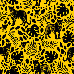 Trendy Leopard Seamless Pattern. Wild animal vector cheetah skin texture, leopard and tropical palm leaf silhouette, leo face print for fashion design, background, wallpaper