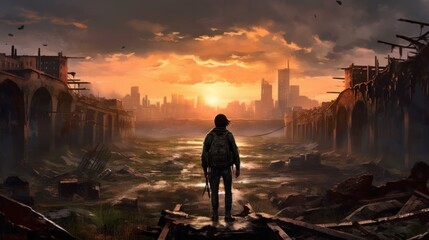 Game art piece that captures a significant moment in the middle of a hero's journey through a post - apocalyptic world. The protagonist, a resilient survivor, stands at the threshold of a crumbling ci - obrazy, fototapety, plakaty