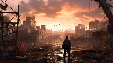 Fototapeta premium Game art piece that captures a significant moment in the middle of a hero's journey through a post - apocalyptic world. The protagonist, a resilient survivor, stands at the threshold of a crumbling ci
