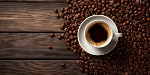 Naklejka premium Top View Temptation. Coffee Cup on a Wooden Table with Coffee Beans