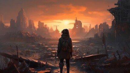 Fototapeta premium Game art piece that captures a significant moment in the middle of a hero's journey through a post - apocalyptic world. The protagonist, a resilient survivor, stands at the threshold of a crumbling ci
