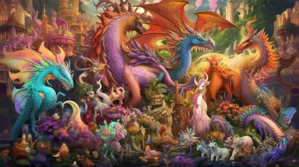 Artwork showcasing a diverse array of legendary creatures from folklore and mythology, such as dragons, griffins, unicorns, and phoenixes, gathered in a majestic and awe - inspiring setting