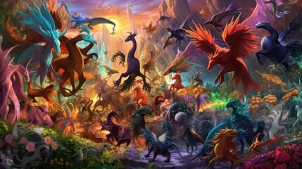 Fototapeta na wymiar Artwork showcasing a diverse array of legendary creatures from folklore and mythology, such as dragons, griffins, unicorns, and phoenixes, gathered in a majestic and awe - inspiring setting