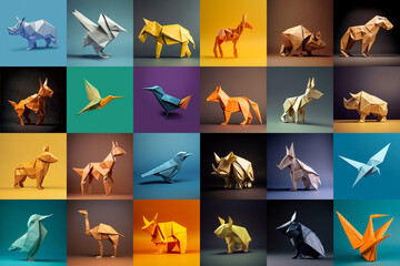 Set of origami animals and birds created using generative AI technology - obrazy, fototapety, plakaty
