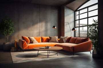 A comfortable lounge living space featuring an orange sofa in a concrete loft environment interior design. Generative AI