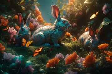 Obraz na płótnie Canvas Illustration of bunnies embodying the spirit of spring with bright colors and playful energy. Generative AI