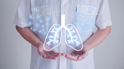 Hand holding lungs, concept of anatomy, health, oxygen and carbon, biology, breathe respiration,...