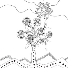 Aboriginal tree art in black and white illustration