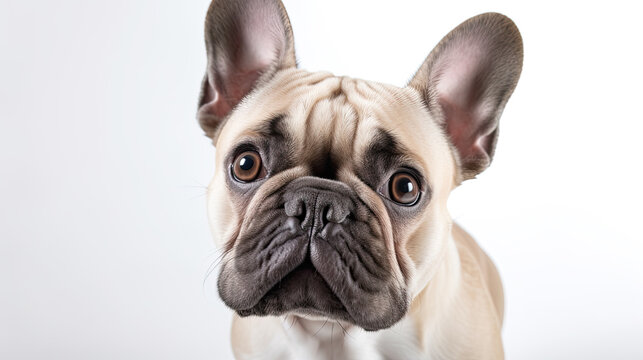 Retrato de Bulldog francés cachorro sobre fondo blanco. IA Generativa