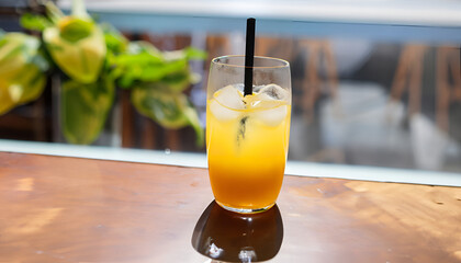 Mango juice, ice cube ,summer drink refreshment,  blured background  restaurant, AI generated