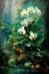 Orchid Forest. Green Nature. Plant Life. Illustration.