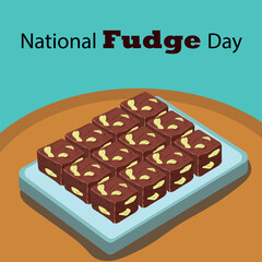 National Fudge Day chocolate fudge on the table and bold text