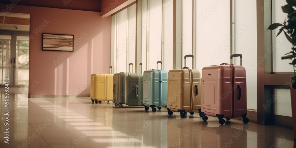 Poster a line of bags lined up next to one another in a row generative ai