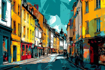 Fototapeta na wymiar Angers in Pop: Vibrant Pop Art Depiction of a Street in the City of Angers, a Colorful Blend of Urban Charm and Artistic Flair. Generative AI