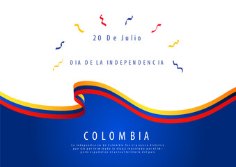 20th July Colombia Independence Day background with wavy flag and confetti vector illustration