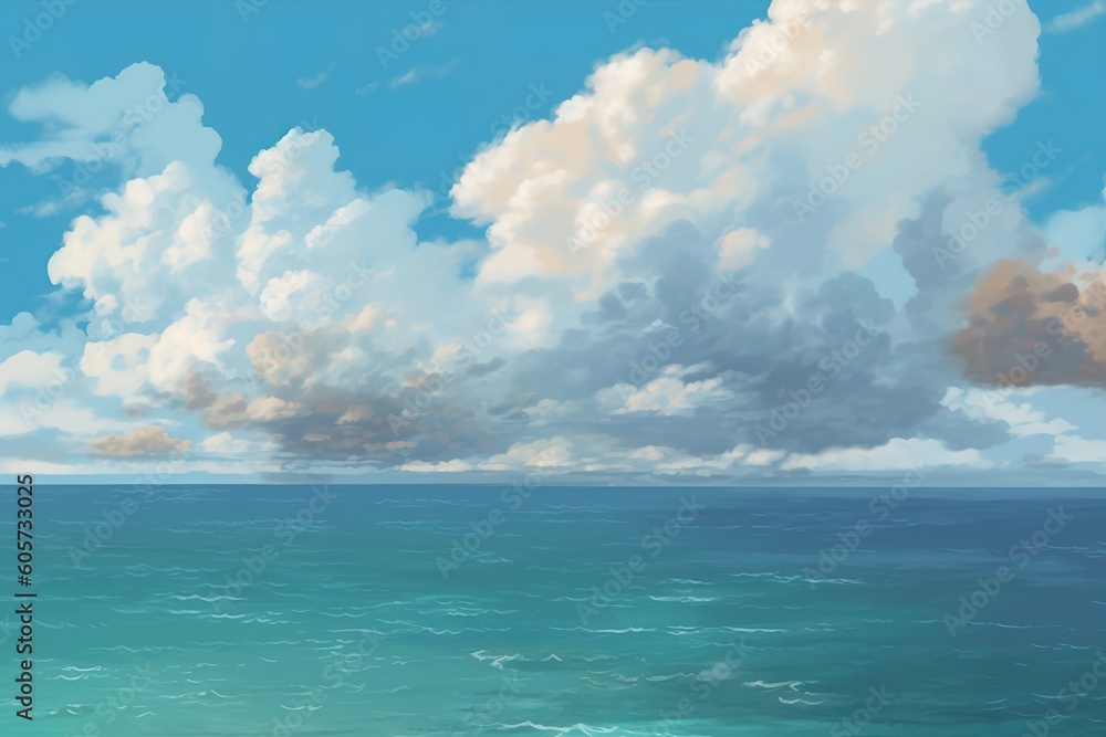 Poster a picture of clouds hovering above some body of water. generative ai