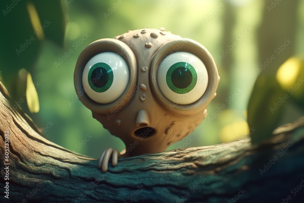 Poster an up-close image of a cartoon figure sitting on a limb of a tree generative ai