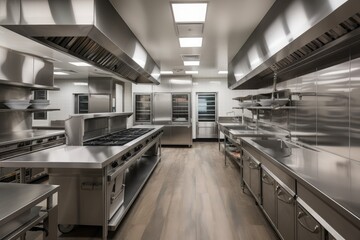 high-volume kitchen with aisles of orderly stainless steel countertops and food preparation stations, created with generative ai