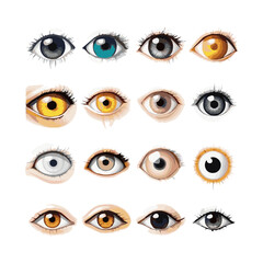 Set of various hand drawn doodle eyes vector flat illustration. Collection of evil, ra, turkish, greek and esoteric eye different shapes isolated on white background. Colorful clairvoyance elements