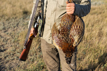 Side view of hunter carrying dead pheasant while walking on field