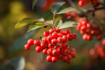 Red rowan berries on a branch in the autumn forest. Close-up. Generative AI - obrazy, fototapety, plakaty