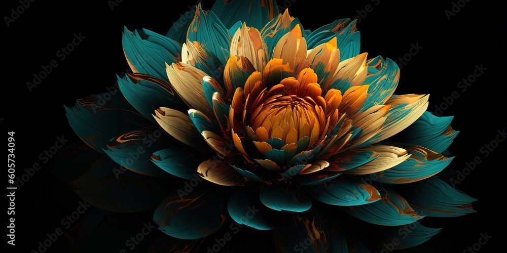 Poster a multicolored flower is shown on a backdrop that is black. generative ai