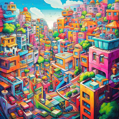 Ville Colorée et Fantaisiste : Une Œuvre d'Art Captivante dans un Style de Futurisme Coloré, Paysages Urbains en Terrasse