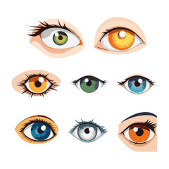 Set of various hand drawn doodle eyes vector flat illustration. Collection of evil, ra, turkish, greek and esoteric eye different shapes isolated on white background. Colorful clairvoyance elements