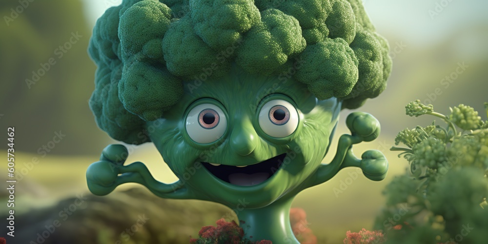 Poster a green broccoli with large eyes that has a really endearing appearance. generative ai