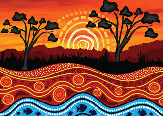 Fototapeta na wymiar A vector painting featuring nature and Aboriginal dot art