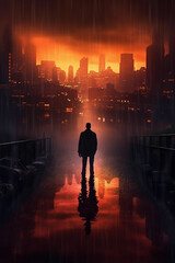 Fototapeta premium Surreal Cityscape: Inception-Inspired City Silhouette, Misty and Beautifully Lit, with a Lone Man Standing at its Surreal Center. Generative AI