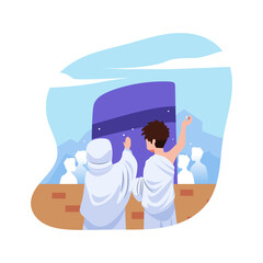 illustration of muslim people worshiping throwing the jumrah