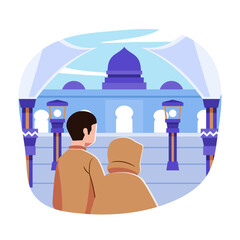 A cartoon of a couple in front of a nabawi mosque