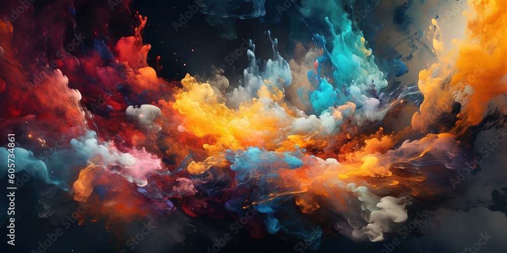 Poster there is a cloud of multicolored smoke floating across the air. generative ai