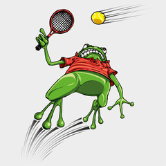 Frog with red t-shirt mascot of a tennis team jumping to hit the tennis ball. Sport illustration concept.