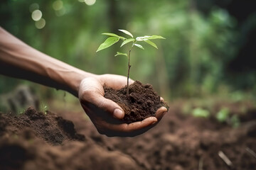Hands holding green seedling with soil on dark background. Earth day concept. Generative AI