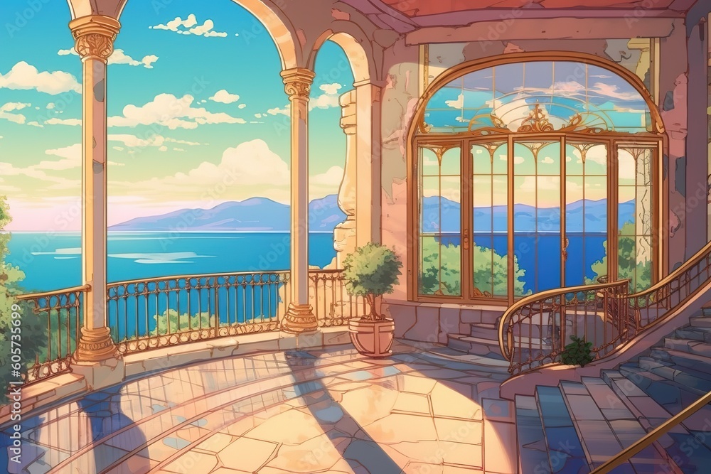 Aufkleber a room that is equipped with a balcony and has a view of the sea generative ai