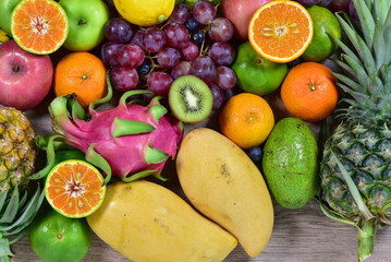 assorted fruits, top view healthy food concept Including high vitamin fruits, fresh fruits, thai fruits
