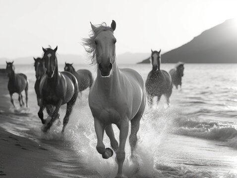 Close-up of white horses run along the coast through water. Black and white.