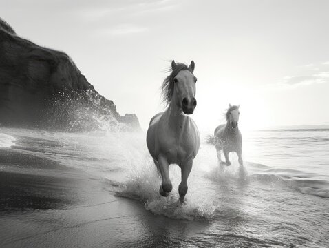 Close-up of white horses run along the coast through water. Black and white photography.