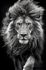 Portrait of a close up lion king isolated on black. Black and white photography. - obrazy, fototapety, plakaty