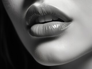 Portrait of a close up of woman lips. Black and white photography.