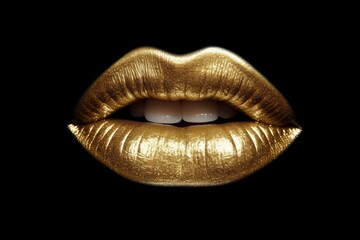 Golden lipstick on lips isolated on black background. Sexy lips, female mouth. Imprint lips. Luxury cosmetics for girls and women. Beautiful female lips. Female beauty concept girl.