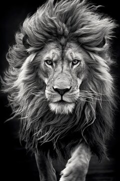 Portrait of a close up lion king isolated on black. Black and white photography.
