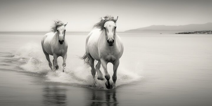 White horses run along the coast through water. Black and white photography.