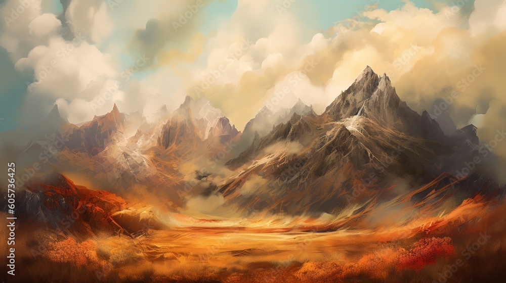 Poster a picture of a mountain range with clouds in the sky as an example. generative ai