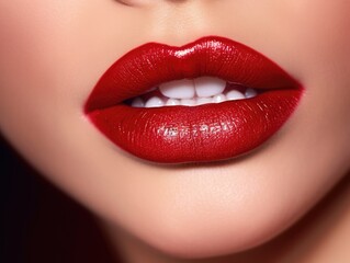 Close up of sexy red lips. Beautiful perfect makeup. Beautiful red lip gloss. Cosmetic. Mouth open, big lips. Cosmetic beauty procedures.