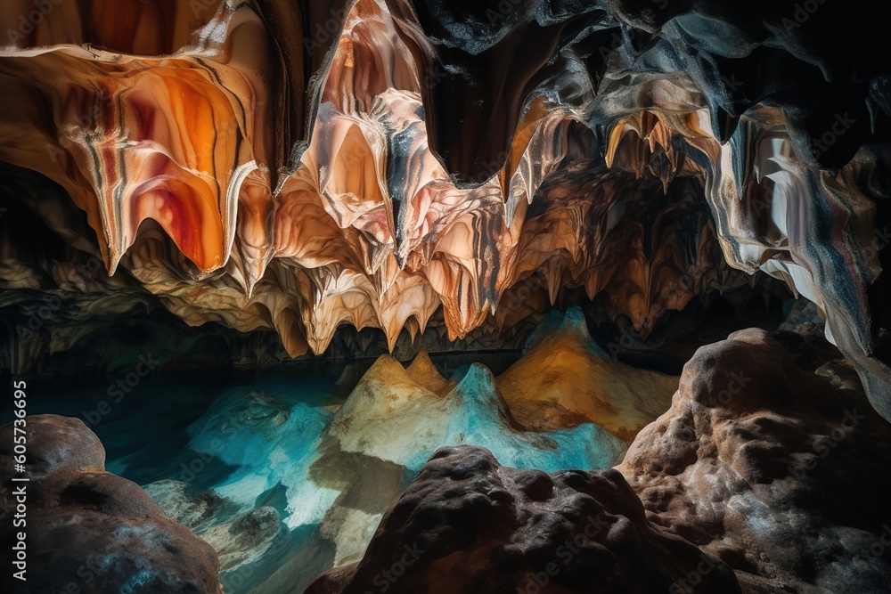 Poster a cavern that was packed with many different kinds of rocks and water. generative ai