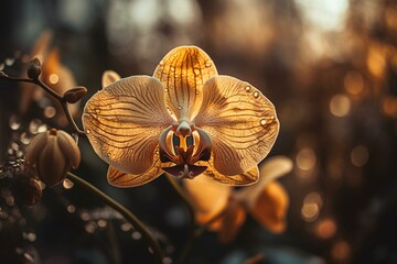 Gorgeous golden orchid in a dreamy setting. Generative AI
